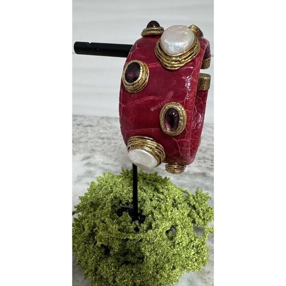 Vintage MCM Sterling Silver Snake Skin Pearl & Rhinestones Cuff Bracelet - Picture 2 of 10